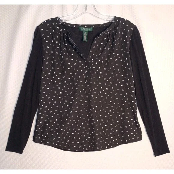 LAUREN RALPH LAUREN Black Label Viscose Knit Geometric Woven Front‎ Top Size PM - Picture 3 of 6